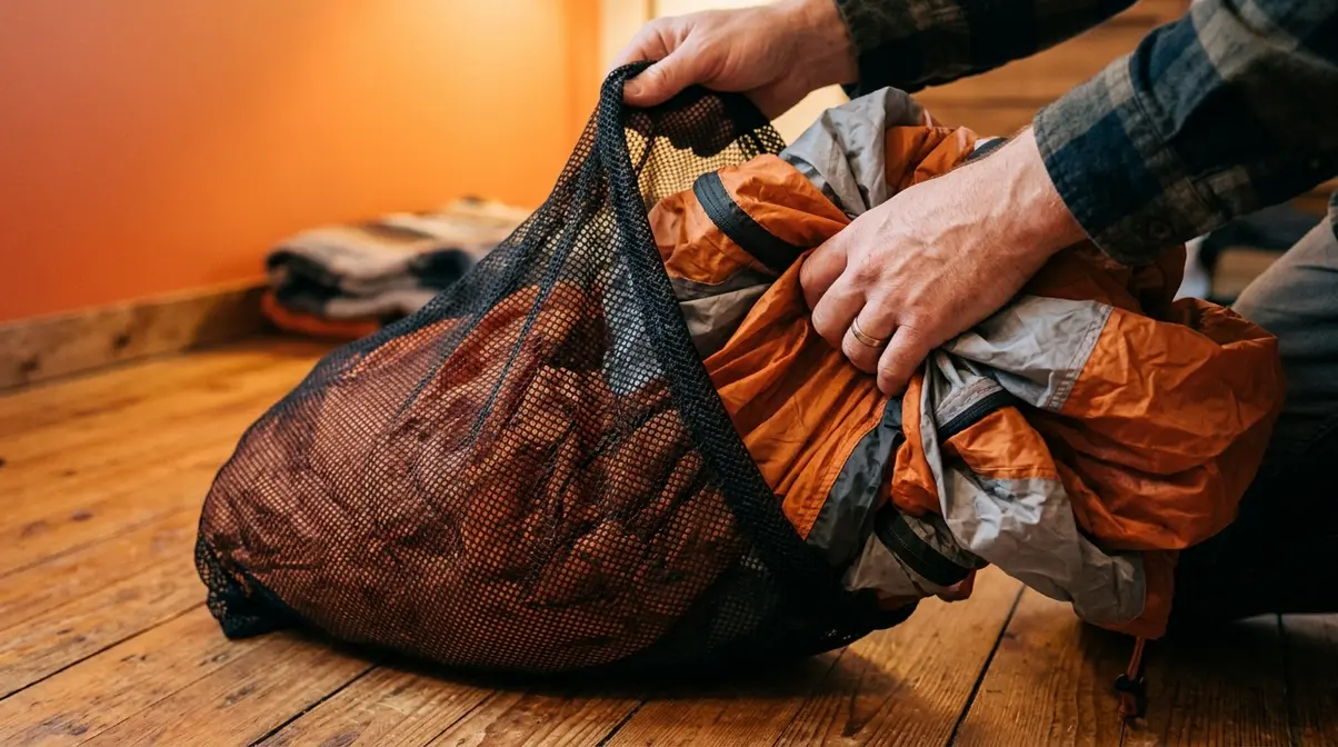 Hands loosely stuffing a camping tent into a large breathable mesh storage bag without folding