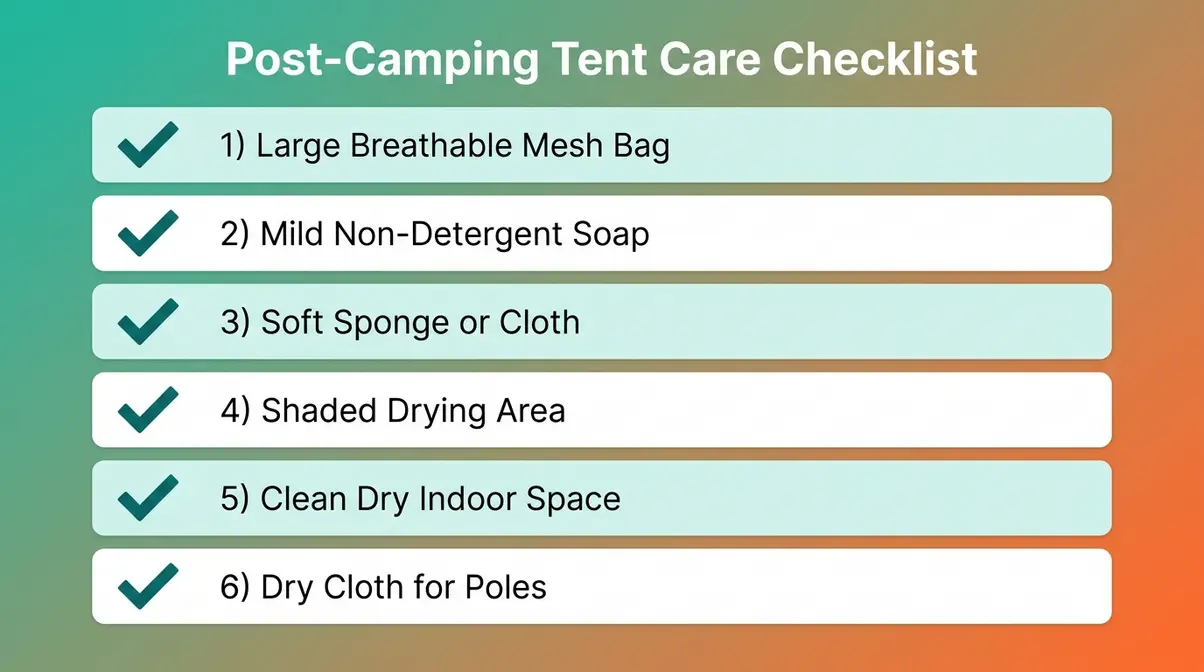 Post-camping tent care checklist showing six supplies needed to store a tent properly