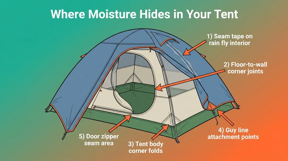 Annotated diagram showing hidden moisture zones in a tent — seams, corners, and floor panels