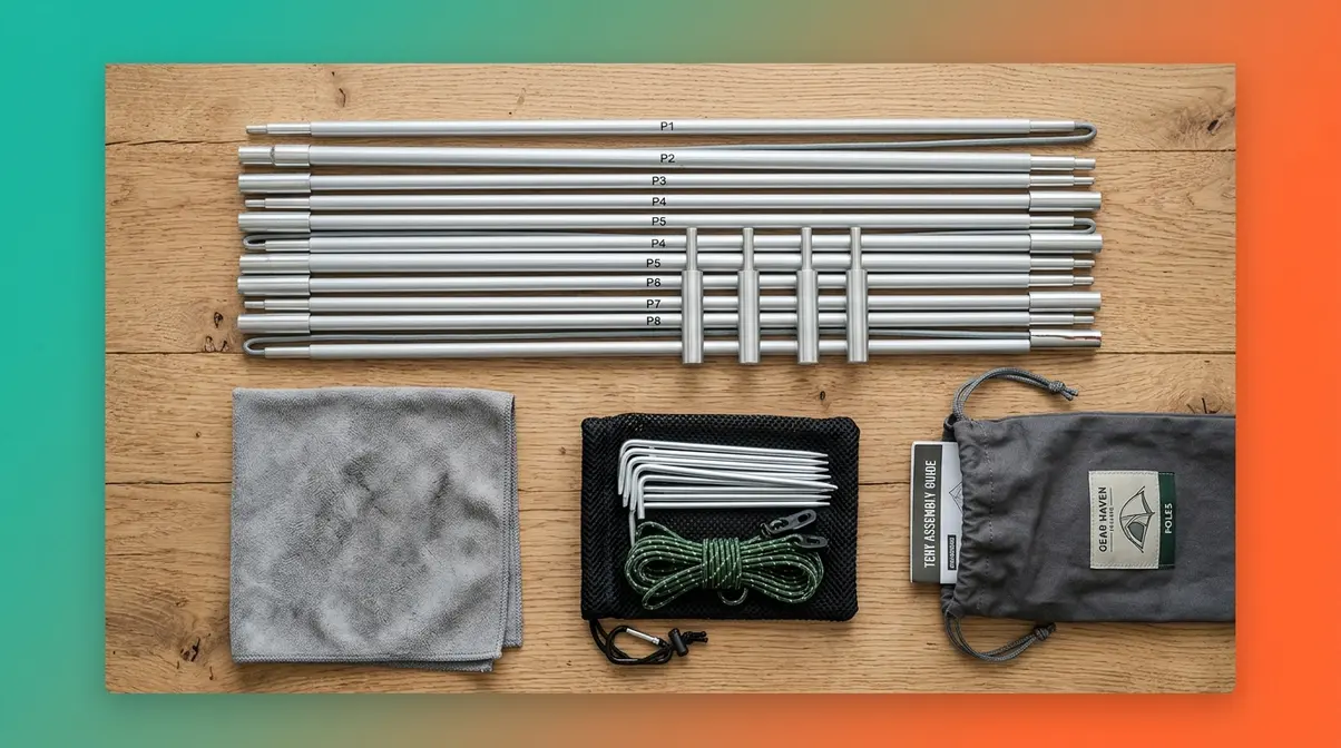 Disassembled tent poles wiped clean alongside stakes and guy lines in mesh pouch for storage
