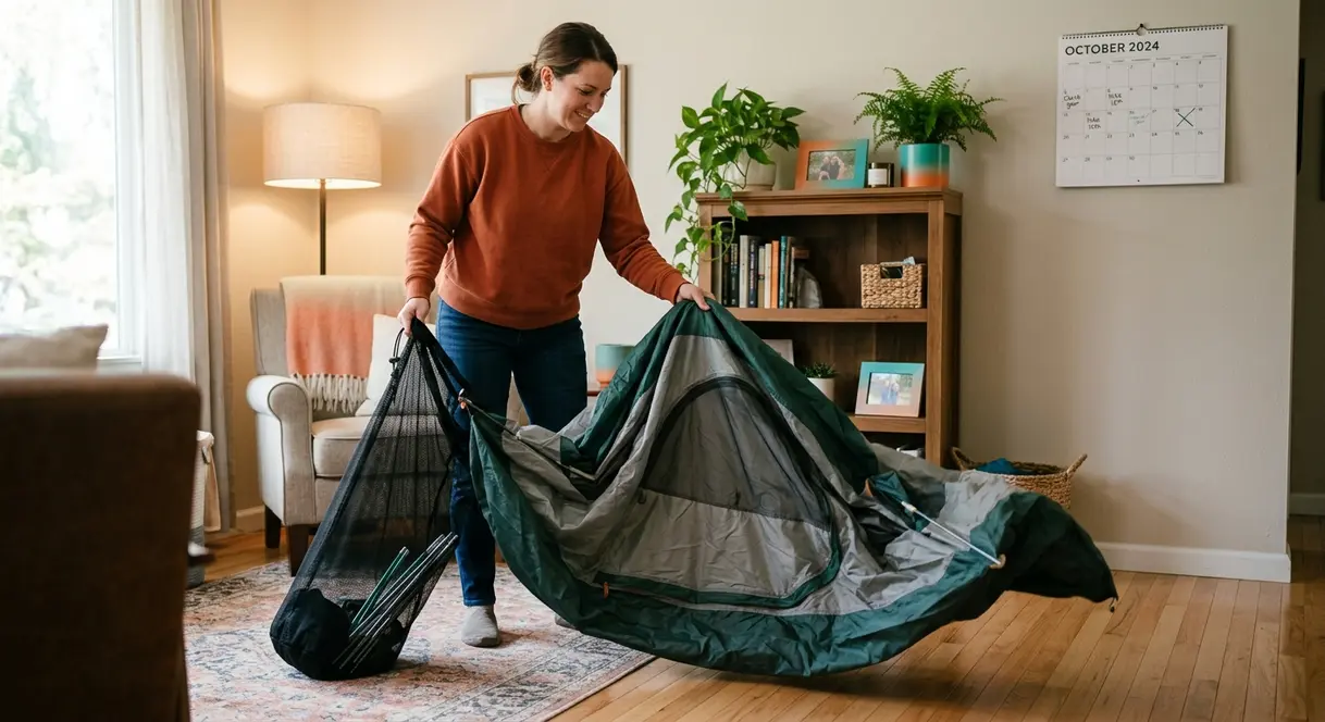 Person unpacking stored tent from mesh bag for periodic repacking to prevent compression damage