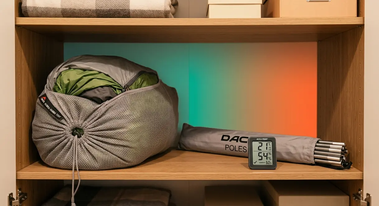 Camping tent stored in breathable mesh bag on indoor closet shelf with humidity monitor nearby
