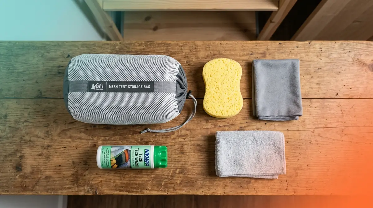Six supplies needed to store a tent properly laid out flat including mesh bag and mild soap