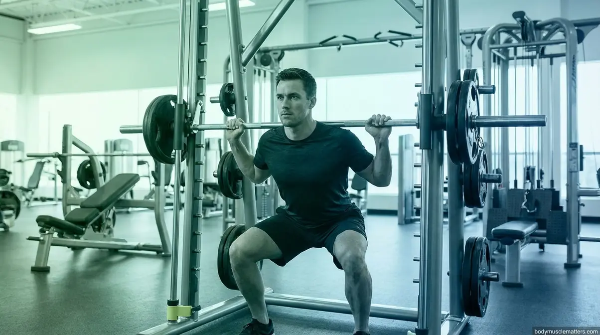 Athlete performing barbell squat as a primary compound movement first in the workout sequence
