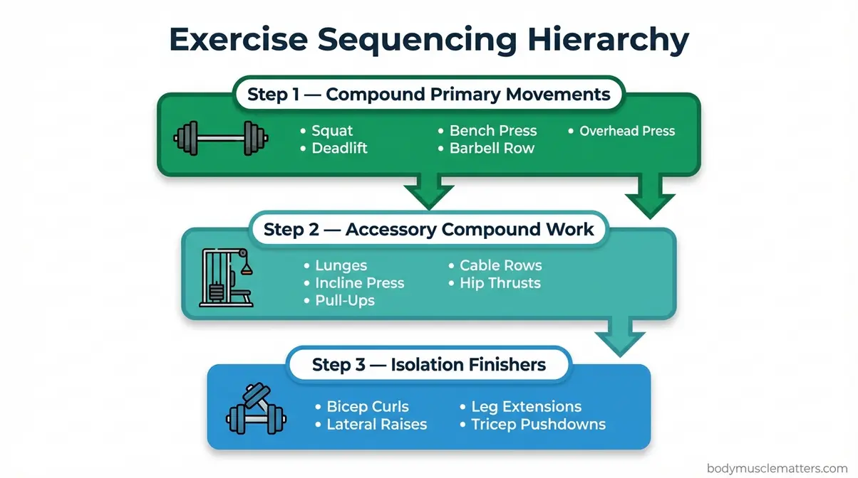 Flowchart showing exercise sequencing hierarchy: compound primary lifts, accessory compound work, then isolation exercises