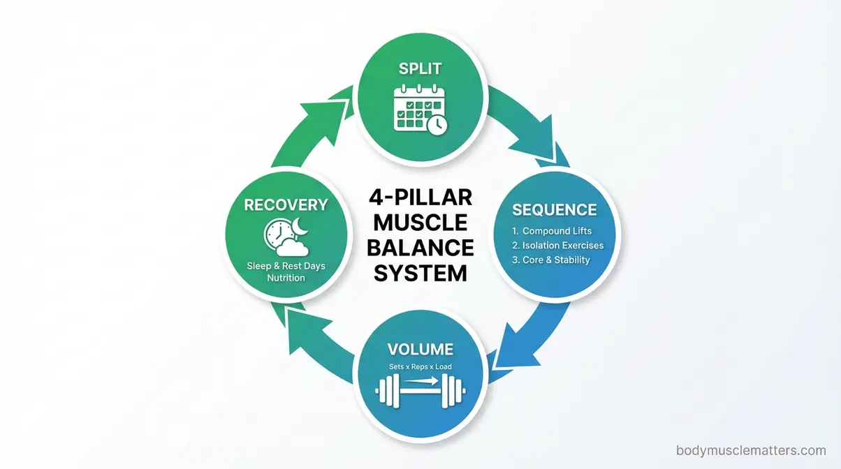 Infographic showing the four pillars of balanced muscle development: Split, Sequence, Volume, and Recovery in circular progression