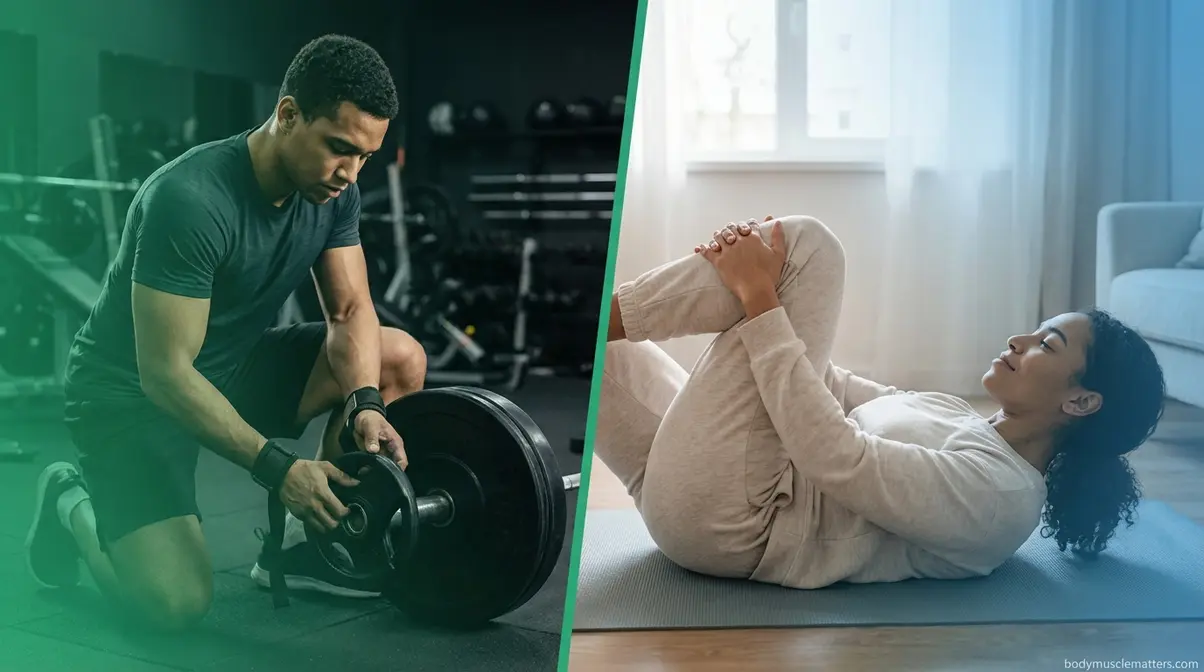 Athlete adding weight to barbell for progressive overload alongside recovery day stretching for balanced muscle development