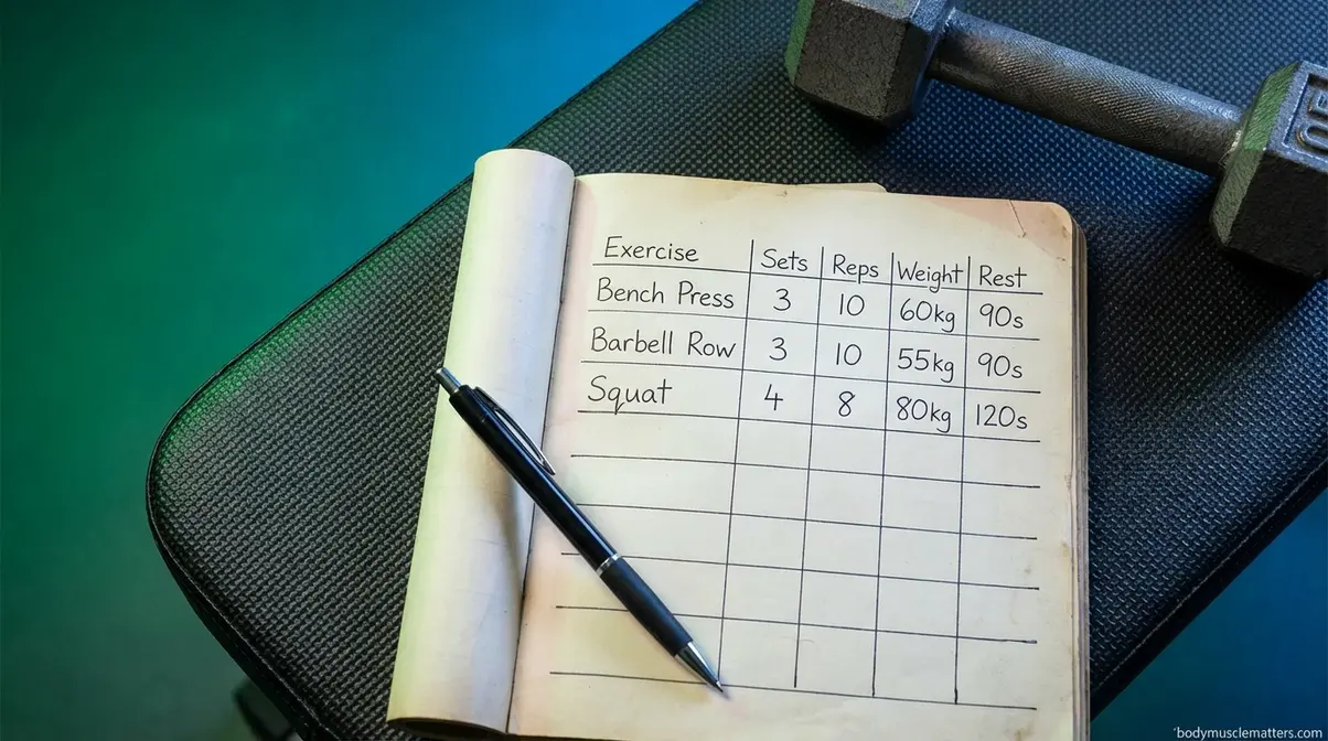 Training log showing sets, reps, and weight tracking for correct workout volume and intensity