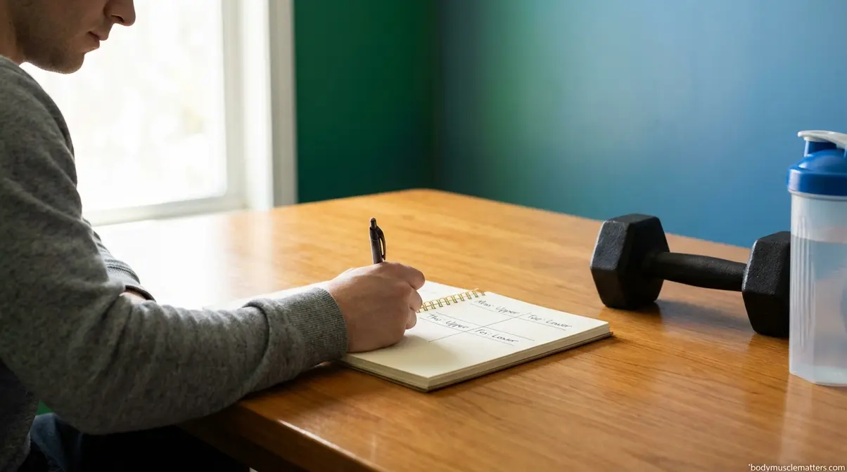 Person planning a weekly workout split schedule in a training notebook for balanced muscle development