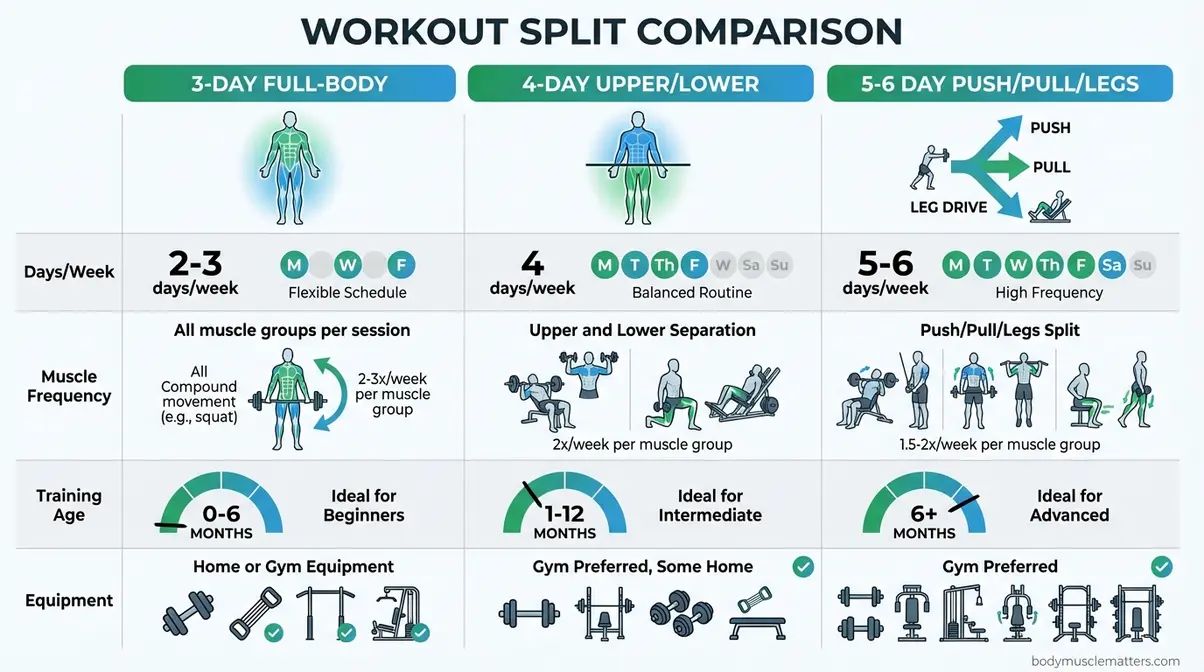 Infographic comparing Full-Body, Upper/Lower, and Push/Pull/Legs splits for balanced muscle development by frequency and training age