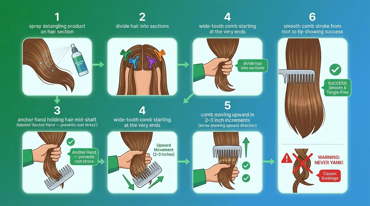 Step-by-step illustrated guide showing how to detangle long hair from ends to roots to prevent breakage