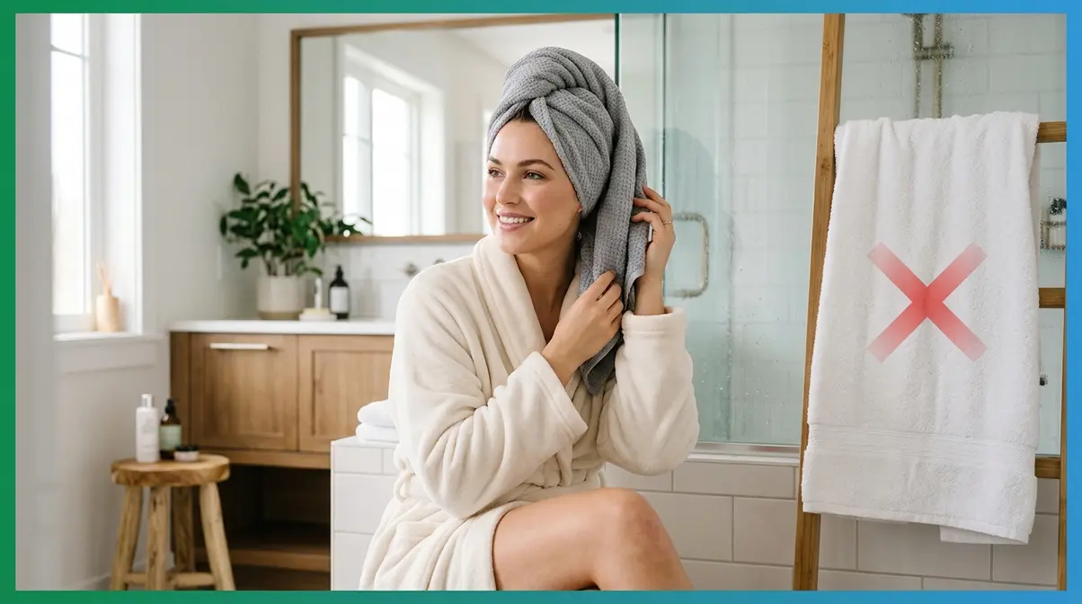 Woman wrapping long hair in microfiber towel turban to dry without friction damage