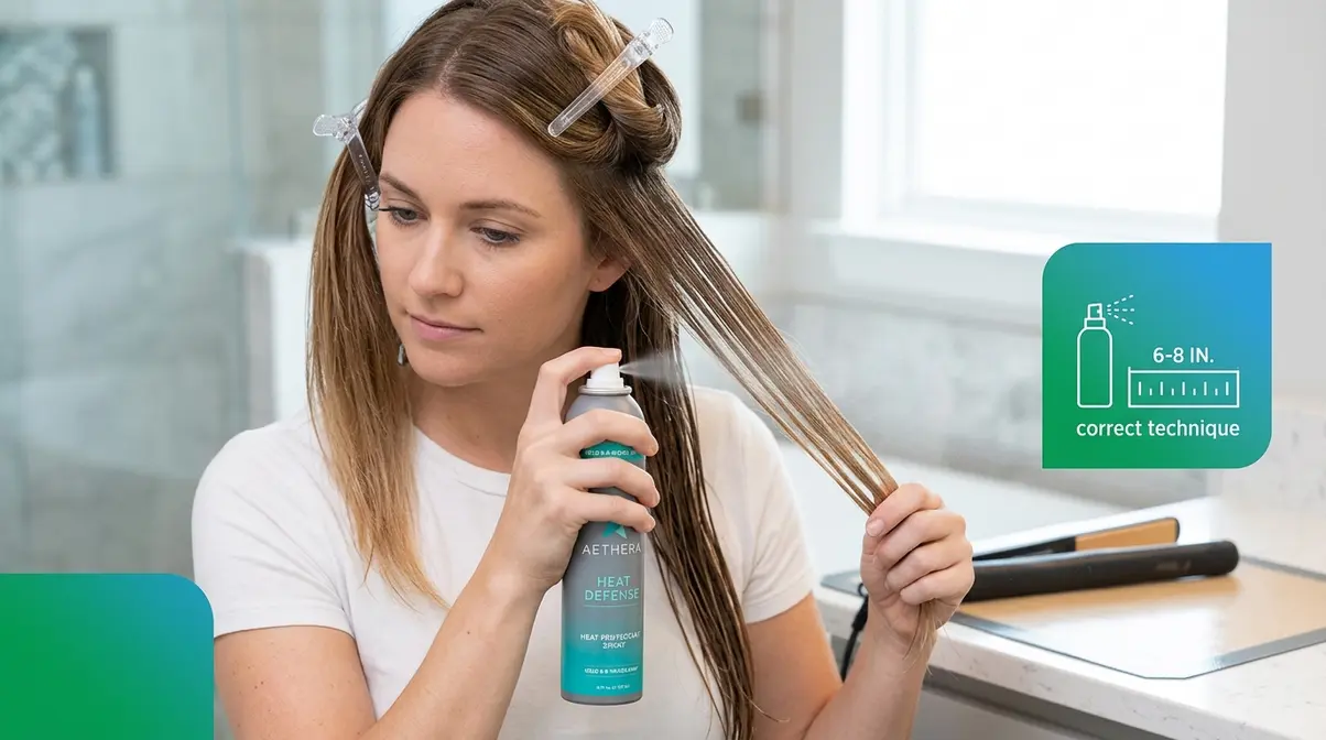 Woman applying heat protectant spray to sections of long damp hair before heat styling