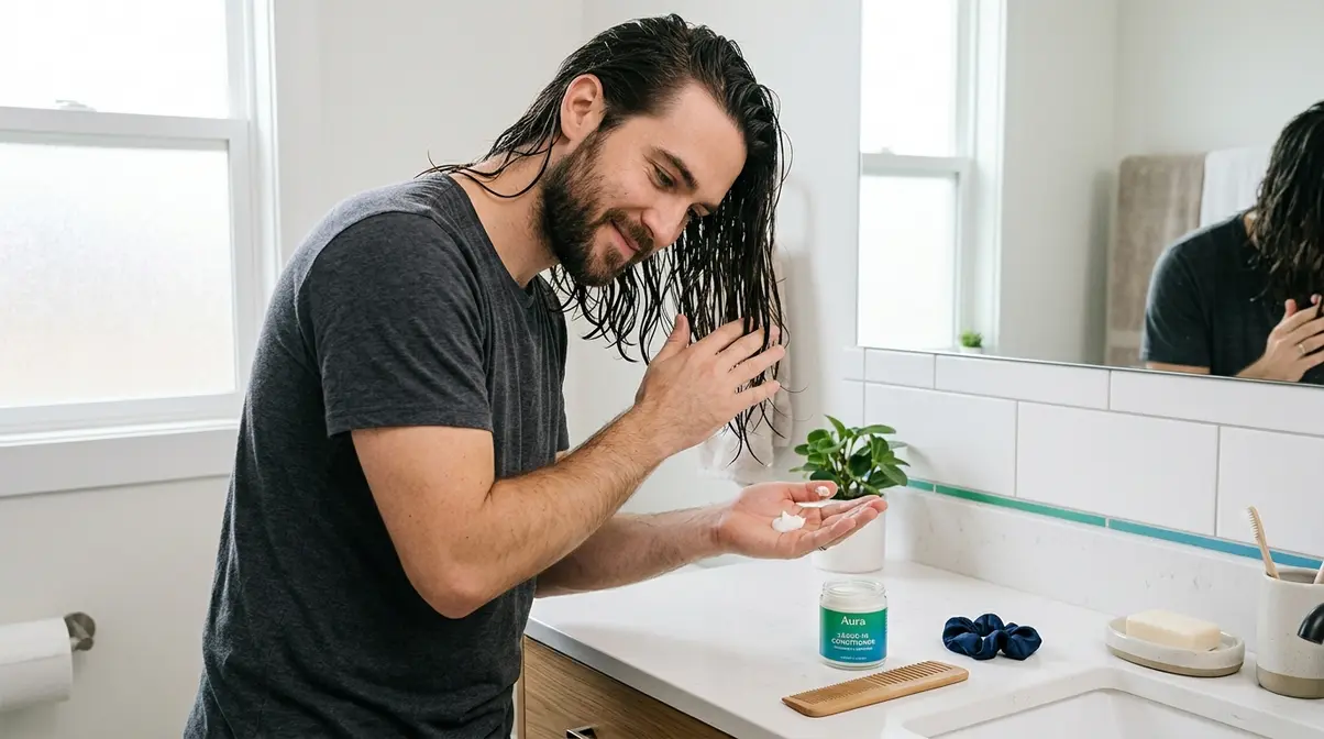 Man with long hair applying leave-in conditioner after washing as part of his long hair care routine