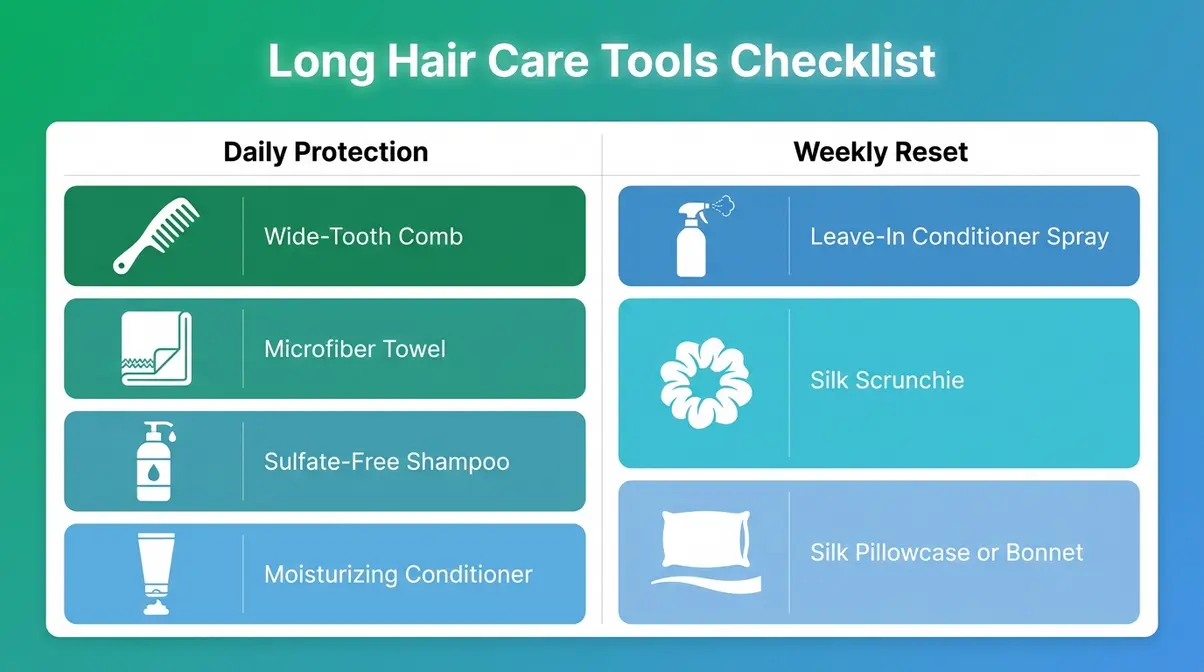 Checklist infographic of seven essential tools for long hair care including wide-tooth comb and silk scrunchie
