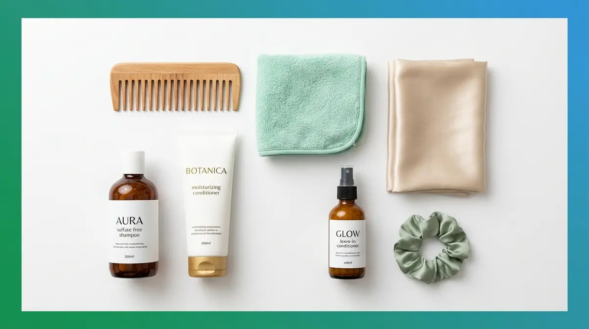 Essential long hair care tools flat-lay including wide-tooth comb, microfiber towel, and silk scrunchie