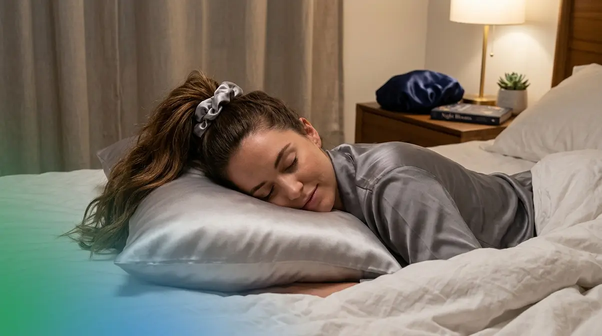 Woman sleeping on silk pillowcase with long hair in loose pineapple style secured with silk scrunchie