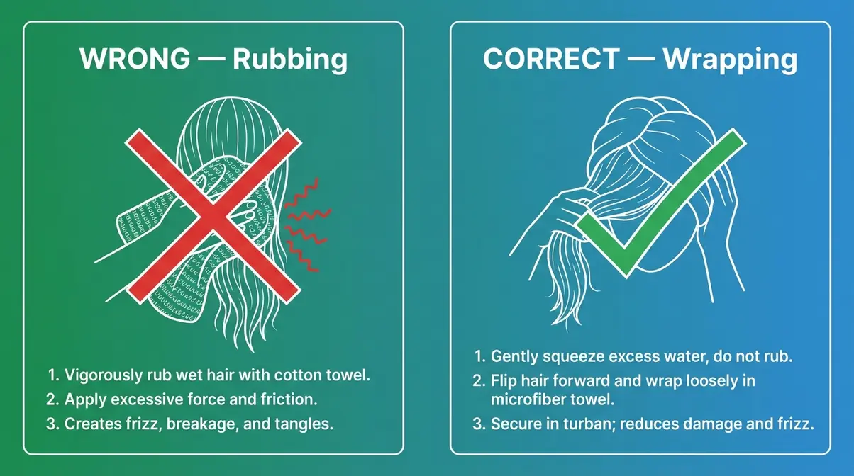Step-by-step diagram showing correct towel-dry method for long hair by wrapping not rubbing