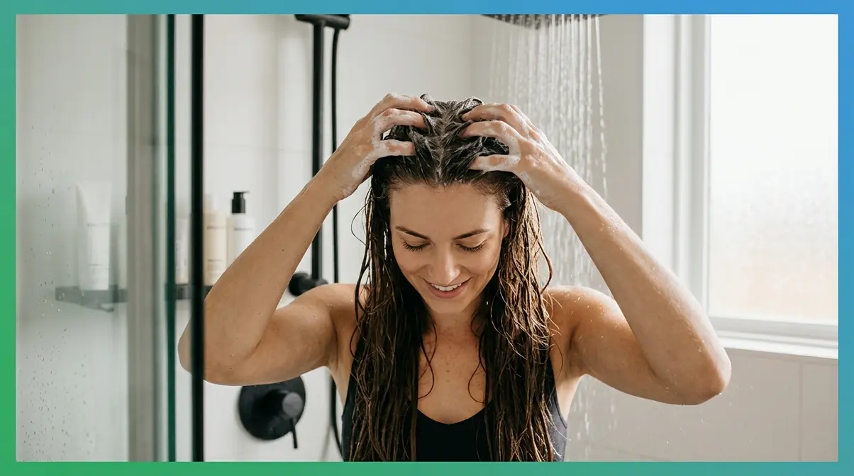 Woman washing long hair correctly by applying shampoo to scalp only, not the lengths