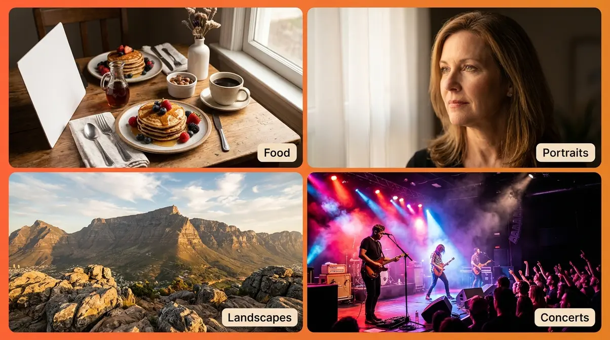 Four genre phone photography examples showing food portraits landscapes and concert shooting techniques