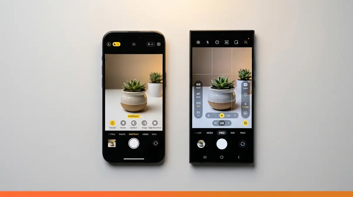 iPhone and Android phones side by side showing camera app features including Portrait Mode and Pro Mode