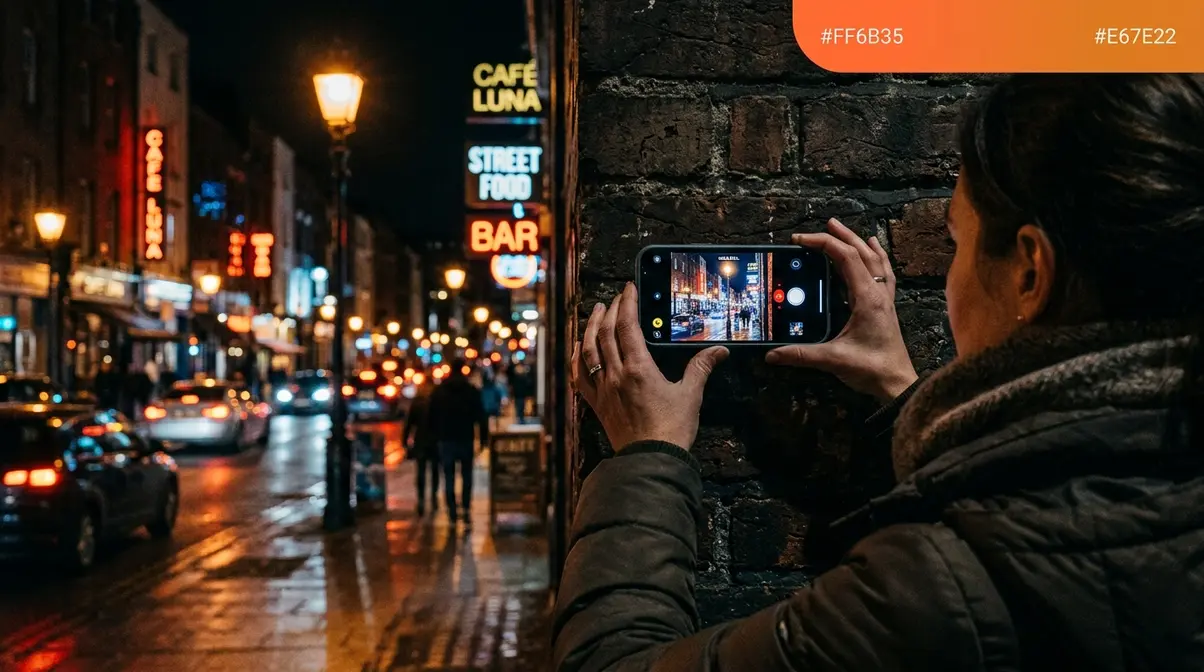 Person bracing phone against wall using Night Mode for low-light smartphone photography at night