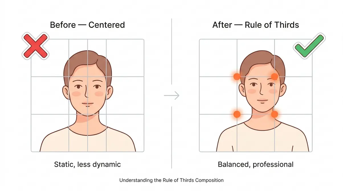 Rule of Thirds composition diagram showing centered subject versus off-center grid intersection placement