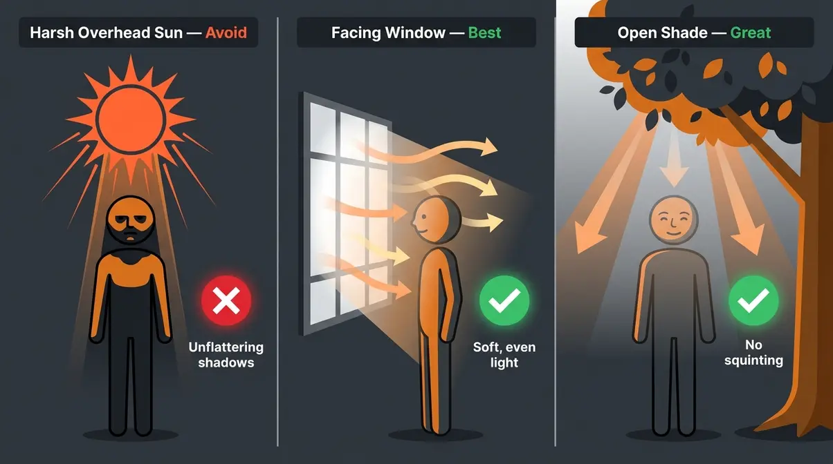 Smartphone photography lighting diagram comparing harsh overhead sun, window light, and open shade techniques