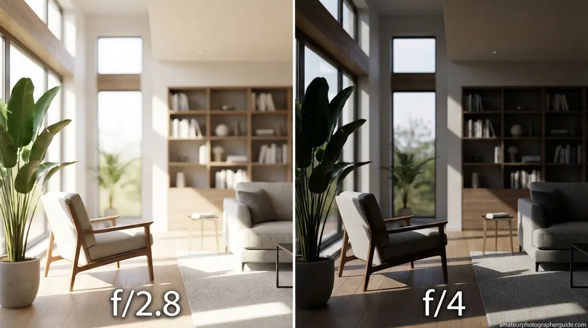 f/2.8 vs f/4 aperture comparison in low light photography showing exposure difference