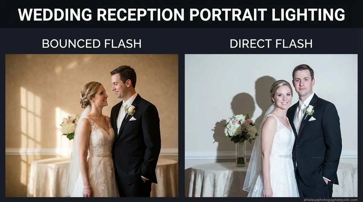 indoor low light photography bounced flash vs direct flash comparison at wedding reception