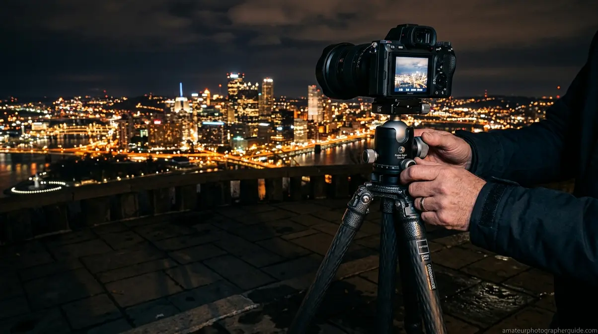Camera mounted on a tripod for stable low-light night photography