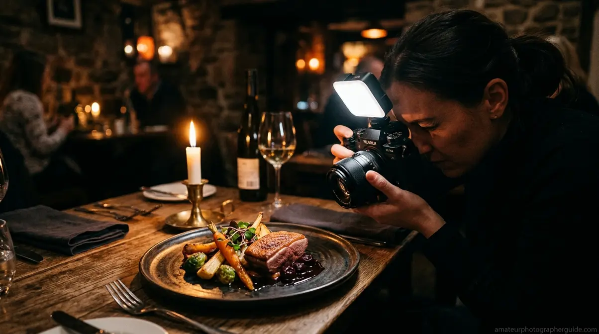 Taking food photos in a dimly lit restaurant using candle light