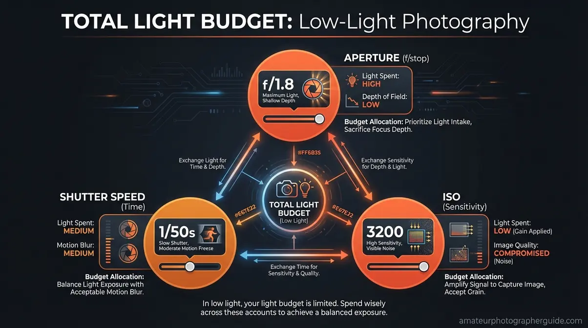 low light photography exposure triangle cheat sheet showing aperture ISO shutter speed trade-offs