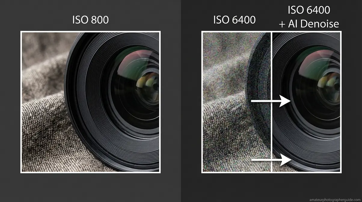 ISO 800 vs ISO 6400 low light photography comparison showing digital noise and AI denoise recovery