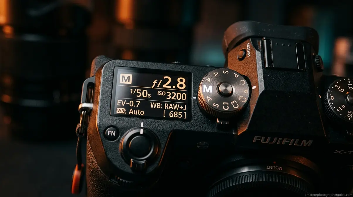 Camera top display showing manual settings for low-light photography