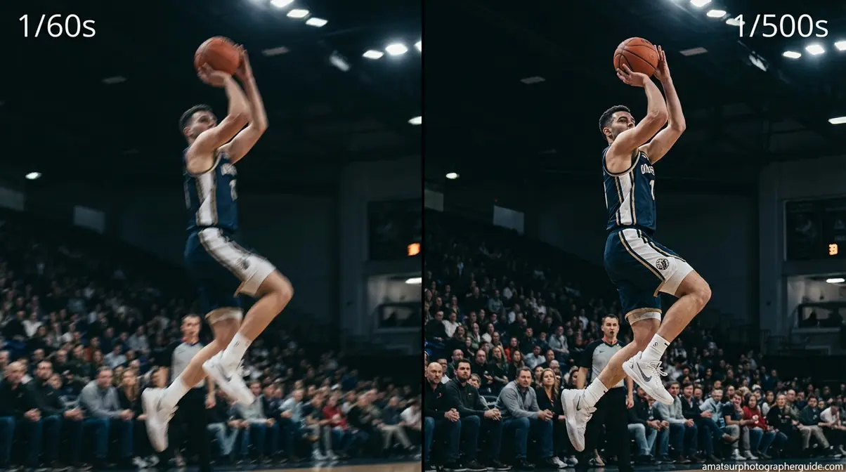 low light photography action shot comparison showing motion blur at 1/60s vs frozen motion at 1/500s