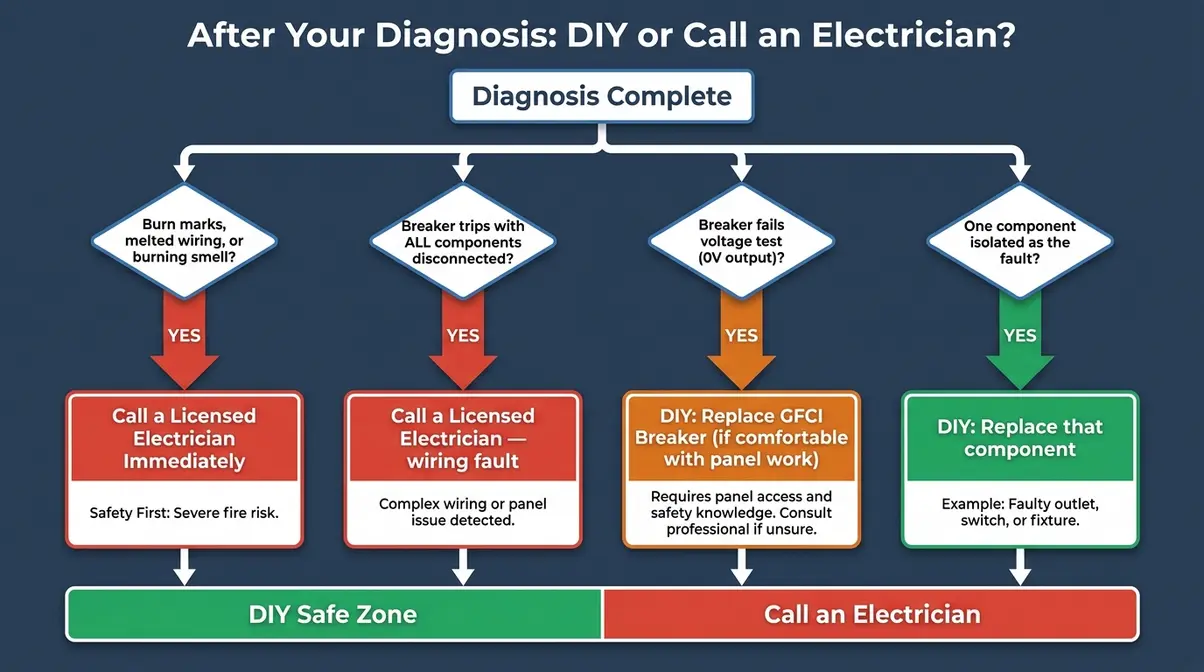 Decision flowchart helping hot tub owners decide whether to DIY repair or call a licensed electrician after testing the circuit breaker
