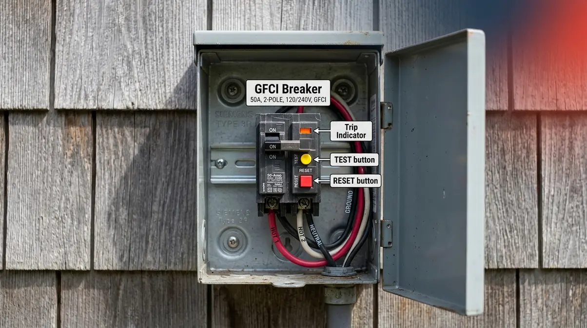 Open hot tub sub panel showing a GFCI circuit breaker with test and reset buttons labeled