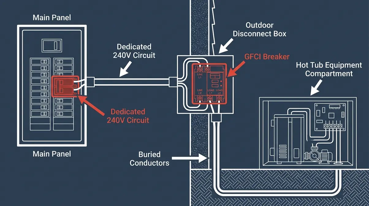 Diagram showing how a hot tub GFCI circuit breaker connects from the main panel to the hot tub sub panel