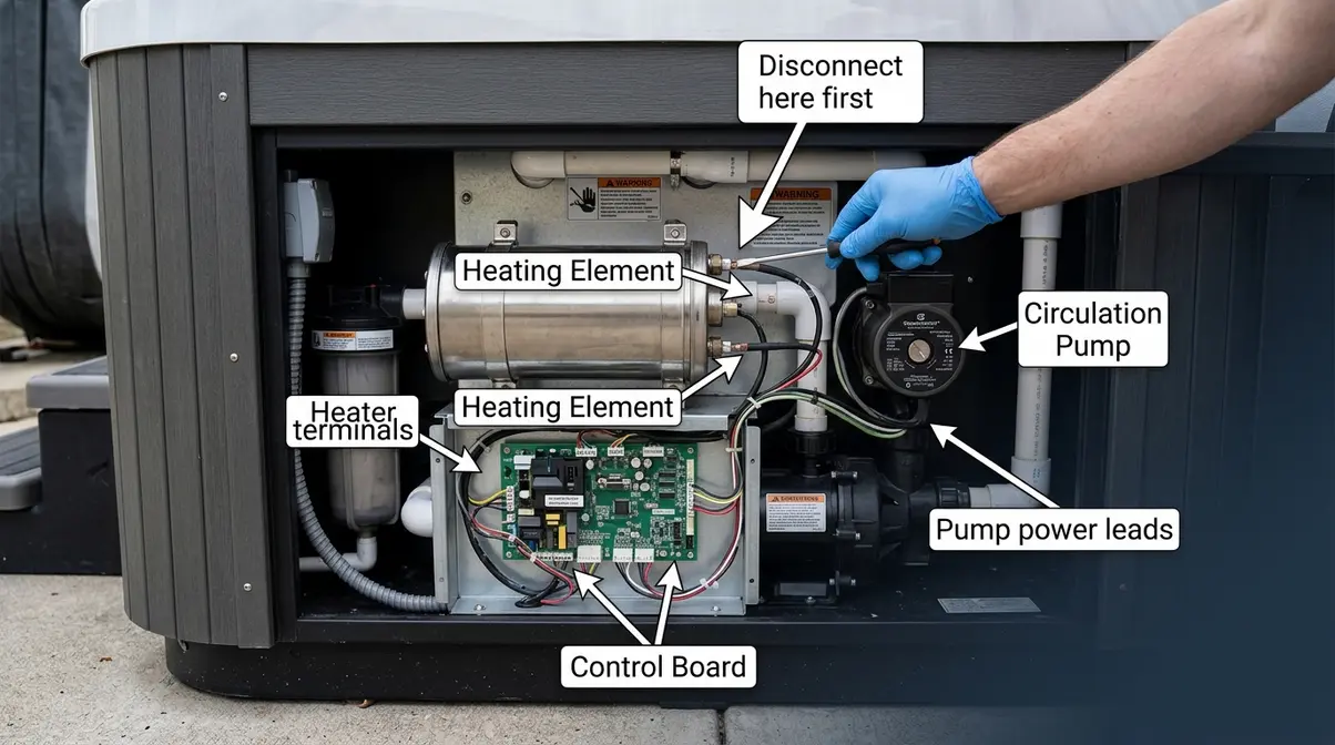 Open hot tub equipment compartment showing heating element and pump motor wiring for isolation testing