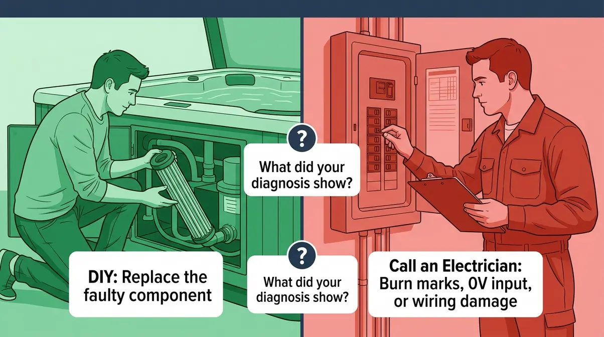 Split image showing DIY hot tub component replacement versus calling a licensed electrician after breaker diagnosis