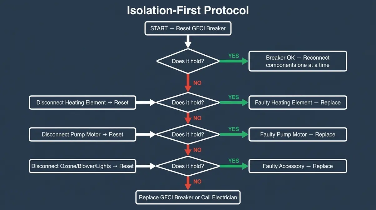 Flowchart showing the Isolation-First Protocol for diagnosing a hot tub circuit breaker that keeps tripping