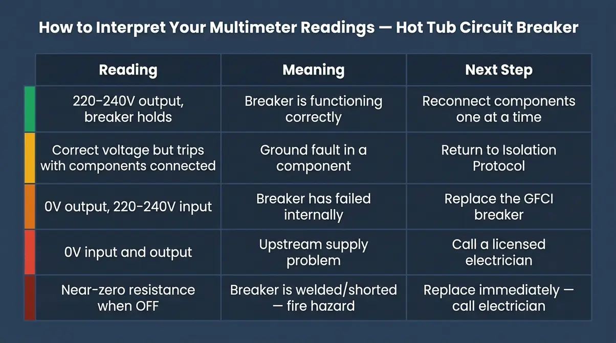 Color-coded chart showing how to interpret multimeter readings when testing a hot tub circuit breaker