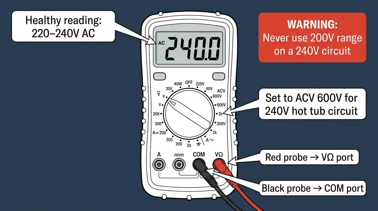 Diagram showing correct multimeter dial settings for how to test a hot tub circuit breaker at 240V AC