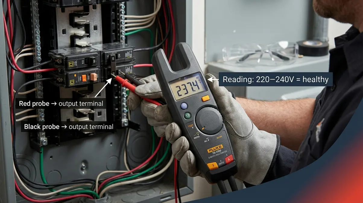 Gloved hand using a digital multimeter to test output terminals of a hot tub GFCI circuit breaker
