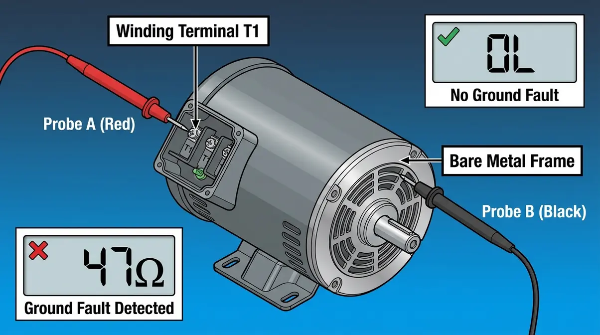 How to Test a Hot Tub Pump with a Multimeter (5 Steps) 7 Ground fault test probe placement on hot tub pump motor winding terminal and metal frame