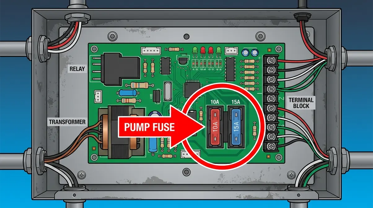 How to Test a Hot Tub Pump with a Multimeter (5 Steps) 5 Hot tub control board fuse block location diagram with pump fuse circled and labeled