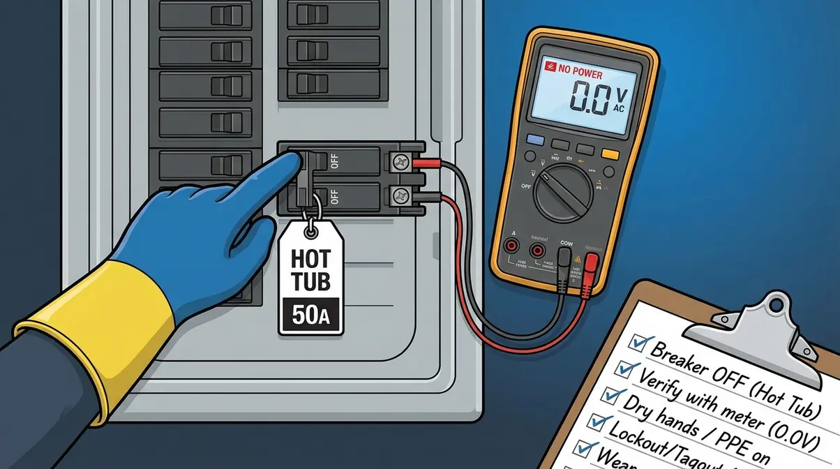 How to Test a Hot Tub Pump with a Multimeter (5 Steps) 1 Hot tub circuit breaker safety setup before testing pump with multimeter power off verification