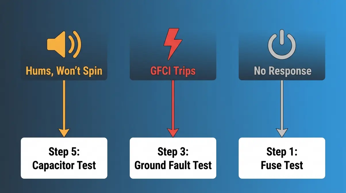 How to Test a Hot Tub Pump with a Multimeter (5 Steps) 3 Hot tub pump symptom diagnosis flowchart mapping humming GFCI tripping and no response to tests