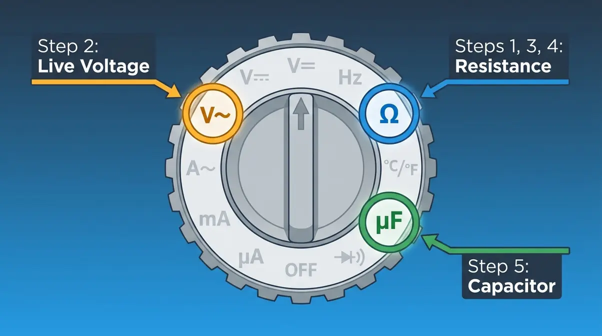 How to Test a Hot Tub Pump with a Multimeter (5 Steps) 4 Multimeter dial settings for hot tub pump testing showing V tilde, ohms, and microfarad positions